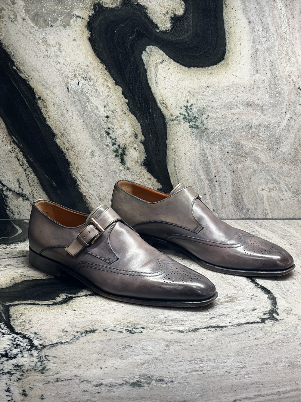 A.Testoni Grey Leather Single Monk Brogue Shoes UK 10.5 US 11 Italy